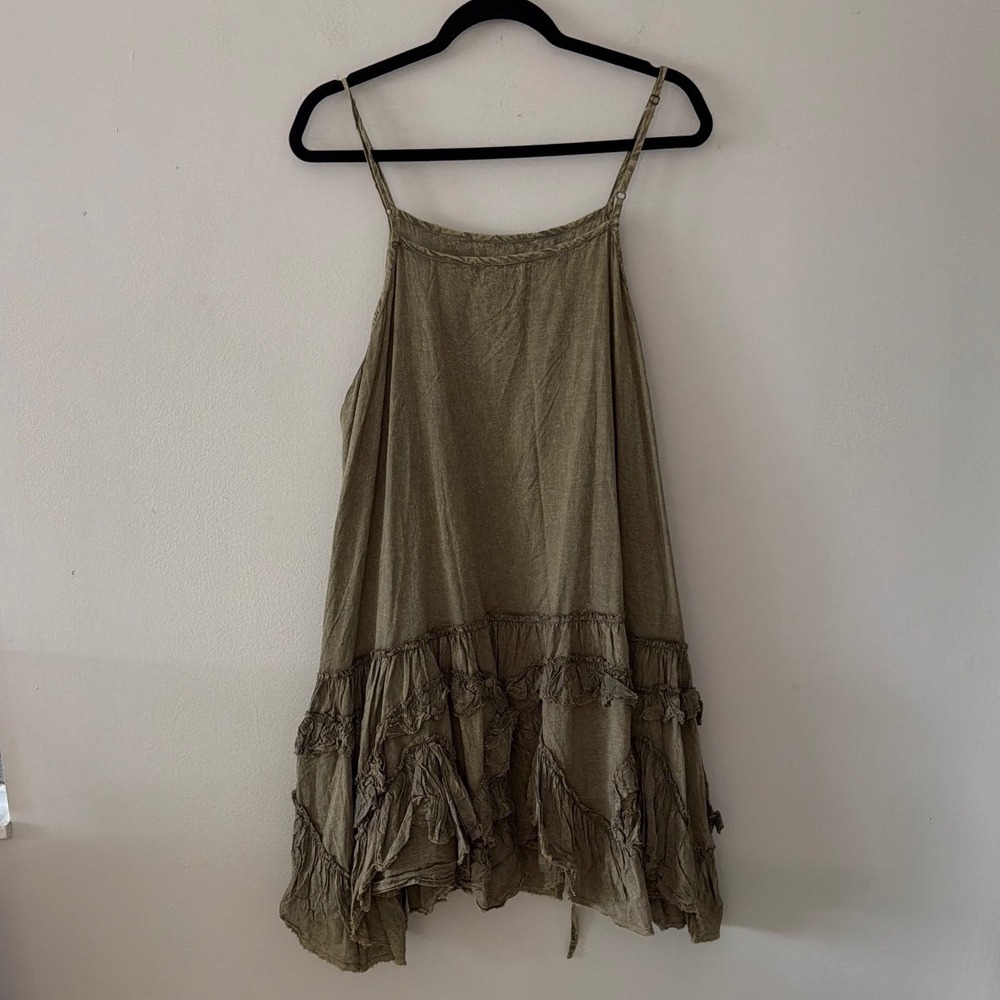 Krista Larson Olive Green Cotton Ruffle Hem Lagenlook Slip Dress Women OSFM